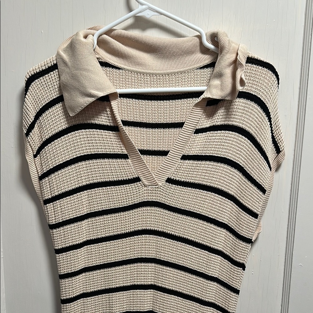 Striped V-Neck Sweater Vest - Cream and Black